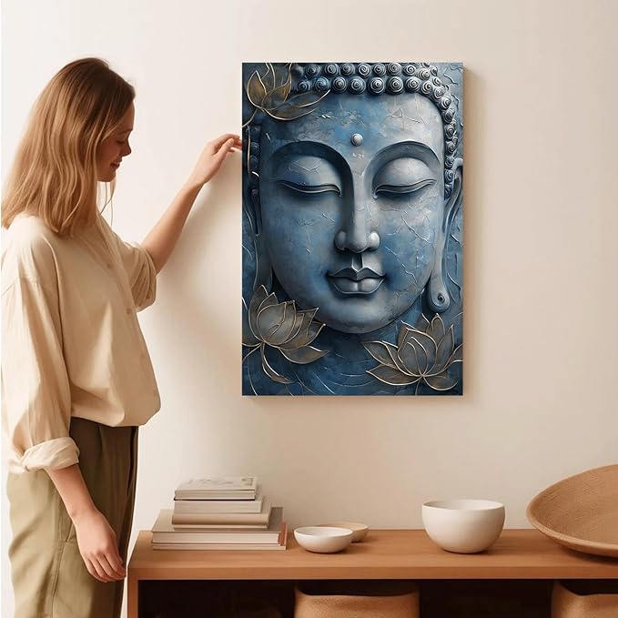Canvas wall art Golden lotus crown Serene Buddha poster Ethereal blue toned art with delicate floral decor Zen wall art for a tranquil meditation space 8x12in Wood Framed