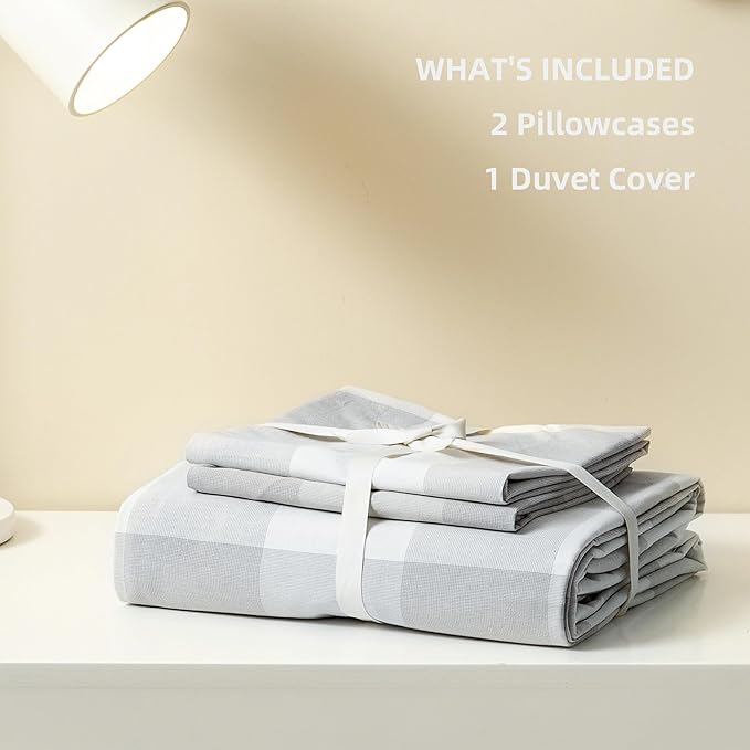 JIYUAN 100% Washed Cotton Duvet Cover Set 3 Pieces King, 1 Duvet Cover 104x90 Inches(Comforter Not Included) and 2 Pillowcases,Linen Feel Bedding Set Comfy and Breathable, Heathered Plaid Grey