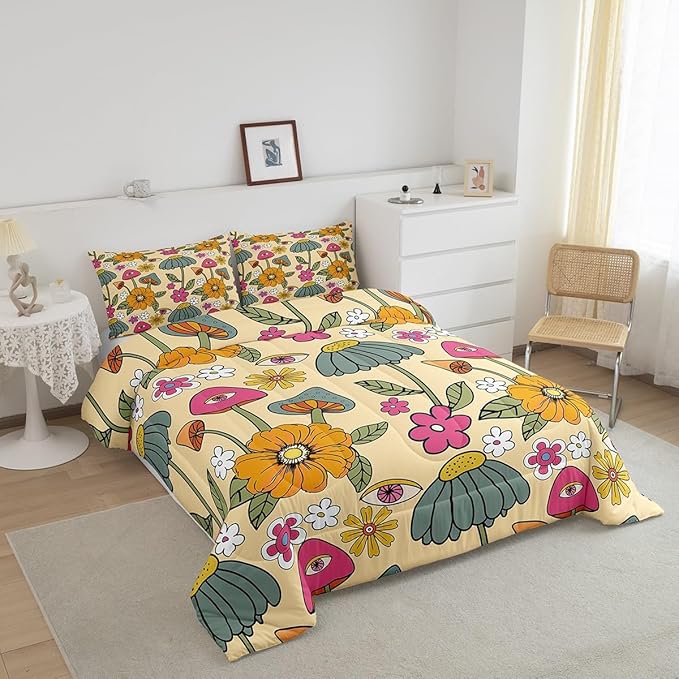Castle Fairy 70s Retro Floral Bedding Comforters King Size,Hippie Flowers Leaves Comforter Set for Children Xmas Gift,Cartoon Eyes Mushroom Quilt Set Bedroom Decor, 2 Pillowcases