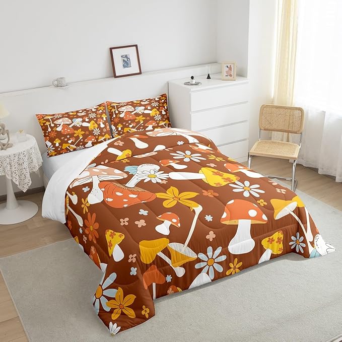 Castle Fairy 60s 70s Retro Hippie Queen Size Comforter Set,Groovy Flowers Mushroom Print Bedding Set with 2 Pillowcases,Boho Art Breathable Durable Polyester Bedding Set