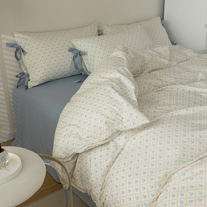 AOJIM Blue Floral Bedding Duvet Cover Full Size, Pure Cotton Comforter Cover Set 3pcs with Plaid Design for Kids Adults, 1 Soft Duvet Cover 80x90'' with Zipper Closure and 2 Pillowcases with Bowknot