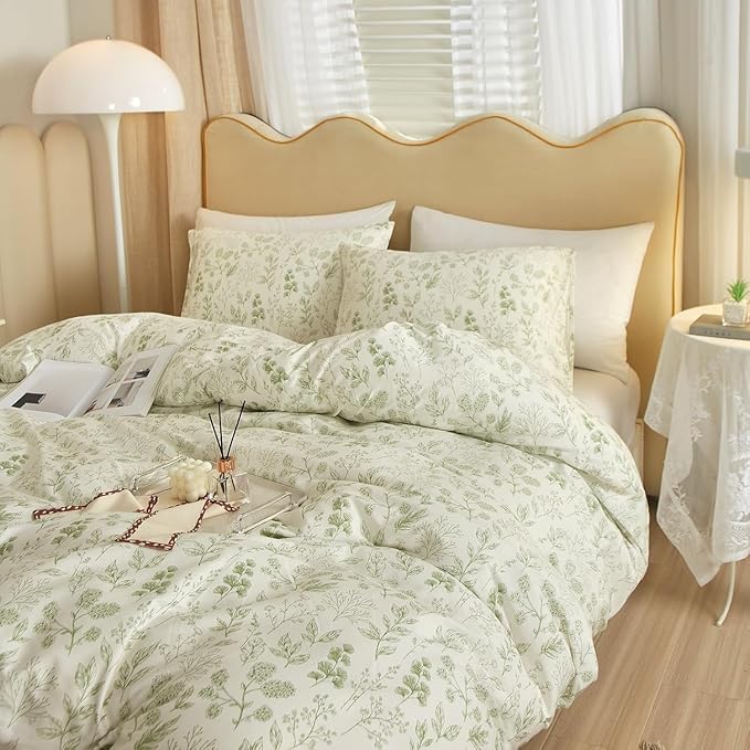 Vintage Boho Floral Duvet Cover Full Size White Green Floral Print Bedding Set Cotton Botanical Floral Comforter Cover Garden Flowers Aesthetic Bedding Cover Boho Style Duvet Cover with Zipper Ties