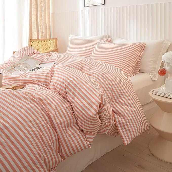 Striped Comforter Set Queen Size Fluffy Soft Striped Bedding Comforter Pink White Stripes Pattern Queen Comforter for All Season Lightweight Bedding Comforter 3 Pieces Boho Stripe Comforter Set