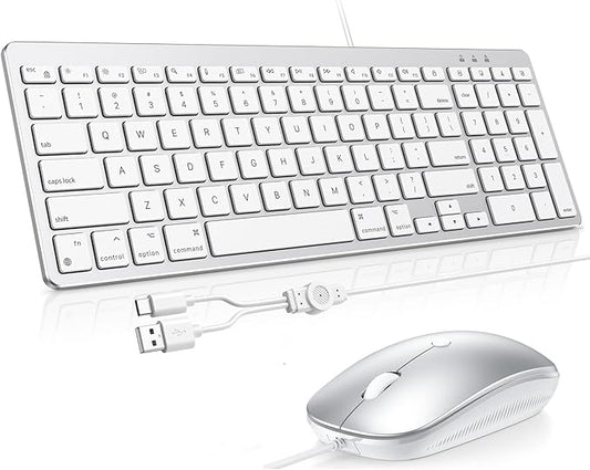 OMOTON Keyboard and Mouse for Mac, Wired Keyboard with Numeric Keypad Dual Interface (Type-C & USB), Mouse with USB A Interface Compatible with MacBook Pro/Air, iMac, Mac mini/Pro Laptop, Silver White