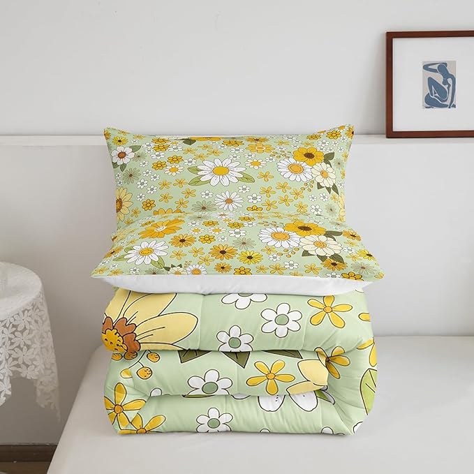 Vintage Floral Comforter Set Twin Size,Boho Spring Fresh Flowers Bedding Comforters Bedroom Decor,Trippy Hippie Groovy Botanical Microfiber Duvet Set for Kids Teens,2 Pcs