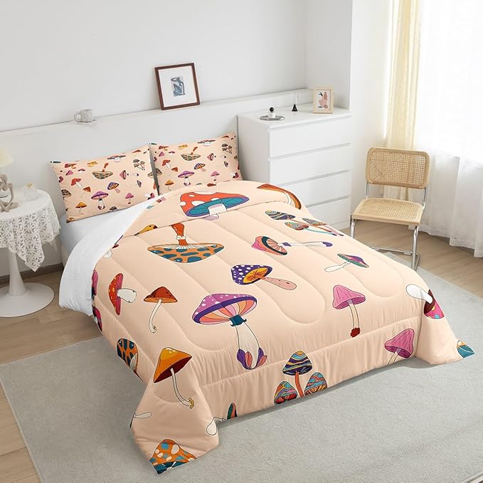 Castle Fairy Retro Mushroom Queen Size Comforter Set,Hippie Plant Bedding Set with 2 Pillowcases,60s 70s Cartoon Style Breathable Polyester Bedding Comforters