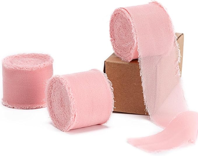 Blush Pink Handmade Chiffon Ribbon,1.5Inch x 3 Rolls Total 24 Yards Blush Pink Fringe Chiffon Silk Ribbon,for Wrapping Wedding Invitations,Bridal Bouquets,DIY Crafts,Home Decor and More
