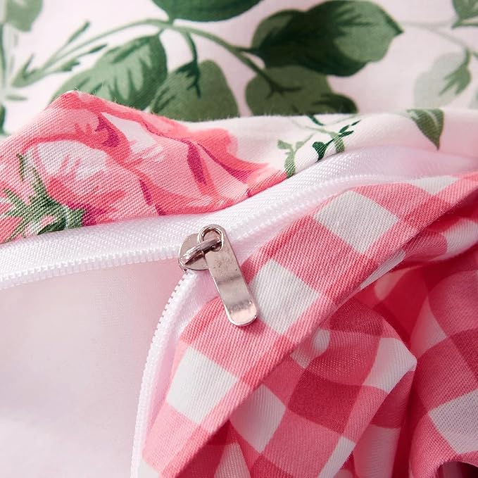 Vintage Pink Floral Duvet Cover Queen 3 Pieces Girls Cottagecore Duvet Cover Soft Microfiber Chic Rose Flower Comforter Cover Pink Plaid Grid Botanical Bedding Floral Aesthetic Comforter Cover Queen
