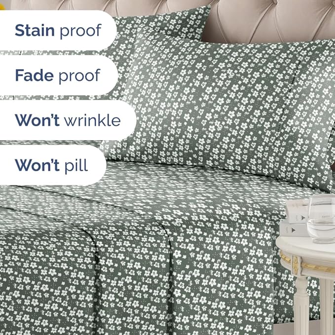 Floral Sheets - Green Floral Bed Sheet Set - 1 Flat, 1 Fitted & 2 Pillowcases w/ Deep Pockets - Comfy, Wrinkle & Fade Free - Boho Botanical Bedding - Ultra-Soft, Breathable & Cooling - King Size Set