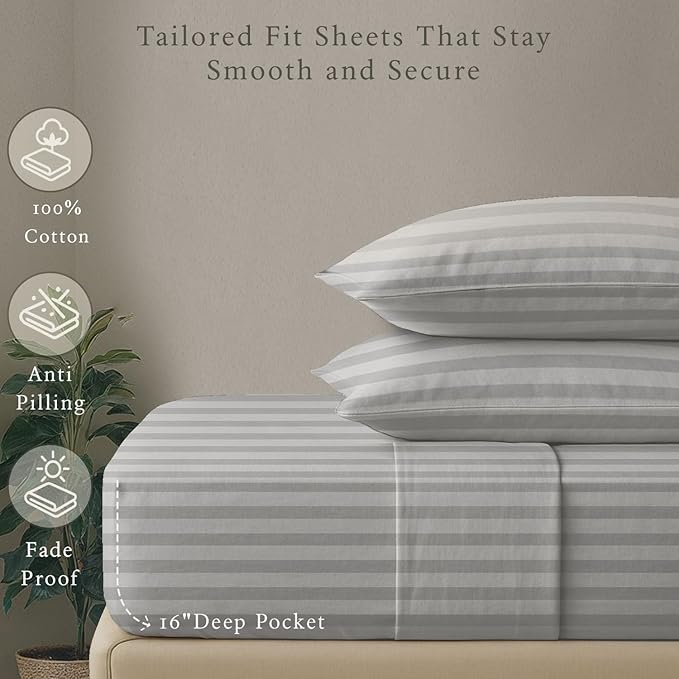 Threadmill 500 Thread Count King Size Damask Stripe, 4 Pc Luxury Cotton Bed Sheet Set, Silky Soft Light Grey Sheets with 16" Elasticized Deep Pocket, 2 Pillowcases & Free Tote Bag