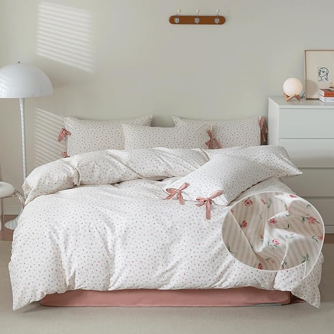 VM VOUGEMARKET White Pink Comforter Set Full with Flower Stripes Prints,1 Fluffy Comforter with 2 Pillowcases Soft Comfy Bedding Comforter Set for All Seasons-80 x90