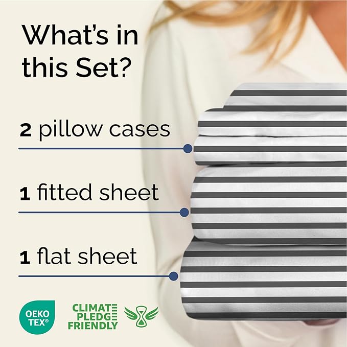 Striped Sheets - Grey Striped Sheets - 1 Flat & 1 Fitted & 2 Pillowcases w/ Deep Pockets – Wrinkle & Fade Free - Ultra-Soft, Breathable and Cooling – Luxury Pinstripe Bedding - Cal King Size Bed Set