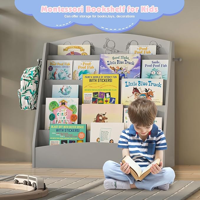 NACHES 5-Tier Kids Bookshelf - Toddler Book Display Shelves, Montessori Bookshelf for Kindergarten, Nursery, Bedrooms, Classrooms - Wooden Children Book Display, Grey