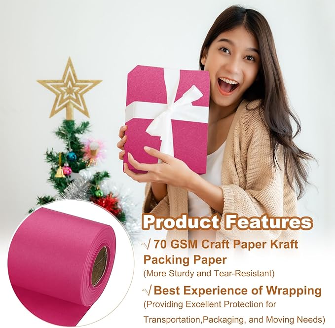 PATIKIL Wrapping Paper, 17" x 600"(49') 70 GSM Craft Paper Roll Kraft Packing Paper for Poster Bulletin Board, Gift Wrapping, Dark Pink