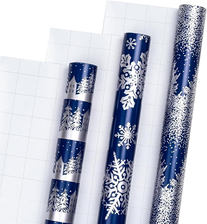 LeZakaa Christmas Wrapping Paper Bundle -Mini Roll with Bow, Ribbon, Sticker, Gift Tag -Navy with Silver Foil Design with Snowy Woodland Scenes/Snowflake/Tree-17x120 inches-3 Rolls (42.5sq.ft.ttl.)
