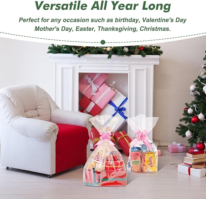 50 Packs 32” x 40” Cellophane Bags for Basket Extra-large Jumbo Clear Cellophane Wraps Clear Huge Cello Bags for Baskets, Gifts, Christmas Trees, Treats, Arts and Crafts, 50ct Ribbon Bows