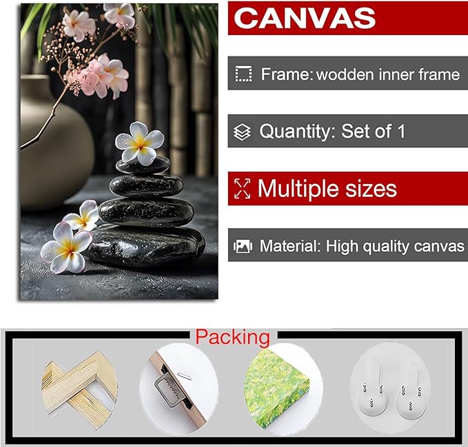 A harmonious black stone stack paired with white and pink flowers bamboo and ceramic vases creates a tranquil Zen decor for minimalist homes and mindful spaces 12x18in Wood Framed