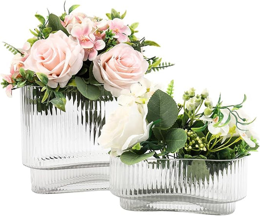 Short Glass Vases, Set of 2 Clear Glass Vases for Tulips, Ribbed Vase for Flowers, Modern Small Vase for Living Room, Dining Room, Bathroom, Desk, Shelf, Wedding, Office
