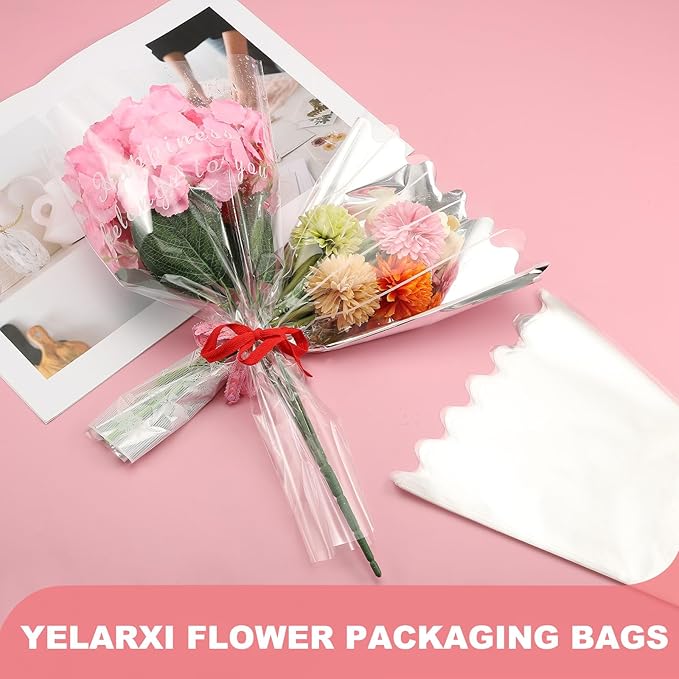 YELARXI Clear Flower Wrapping Bags, Transparent Flower Packaging Bag Waterproof Durable Bouquet Sleeves - Fitting for (Florists/Floral Arrangements Supplies), 4.7x1.6x14.2 Inch & 100Pcs
