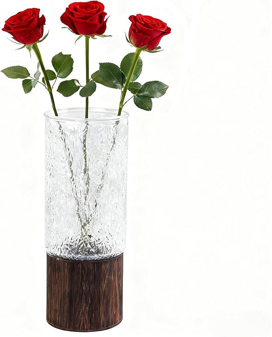10 Inch Large Artistic Wood Base Glass Cylinder Flower Vase, Ins Modern Boho Water Wave Style for Home Kitchen Fireplace Office Desks, Houses, Garden Decorations