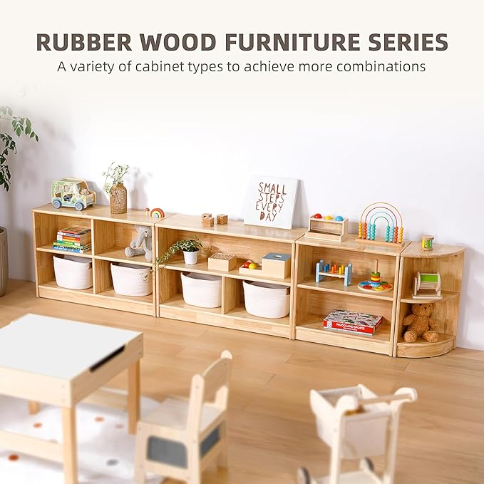 OOOK Rubber Wood 3-Compartment Wooden Storage Cabinet, 35.4" L, 2-Tier Toy Organizers and Storage, Montessori Shelf for Kids Room, Playroom, Nursery, Classroom, Kindergarten