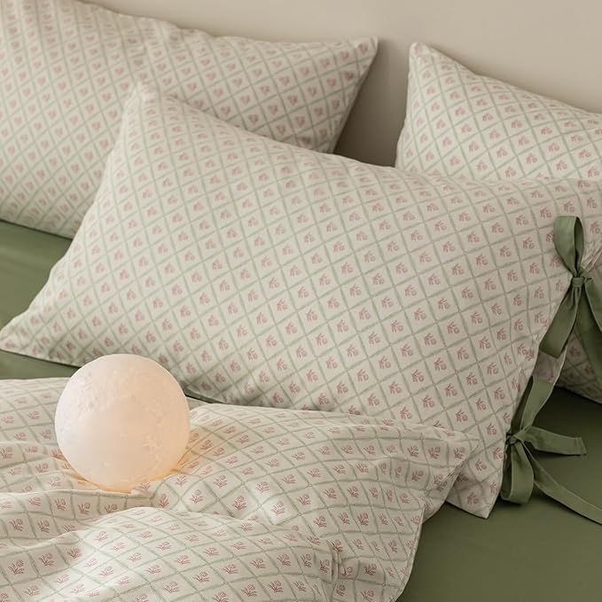 Pink Floral Duvet Cover Twin XL Chic Plaid Grid Duvet Cover with 2 Bowknot Pillowcases Vintage Boho Floral Bedding Set Aesthetic Cute Flower Comforter Cover Soft Cotton Girls Cottagecore Bedding Set