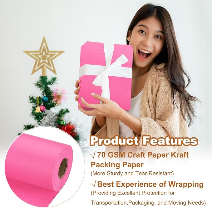 PATIKIL Wrapping Paper, 20" x 700"(59') 70 GSM Craft Paper Roll Kraft Packing Paper for Poster Bulletin Board, Gift Wrapping, Pink