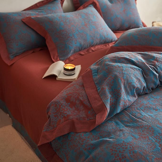 Vintage Blue Floral Duvet Cover Twin XL Size Forest Theme Jacquard Bedding Set Linen Cotton Yarn-Dyed Textured Duvet Cover Burgundy Reversible Tree Leaves Botanical Duvet Cover with Zipper Closure