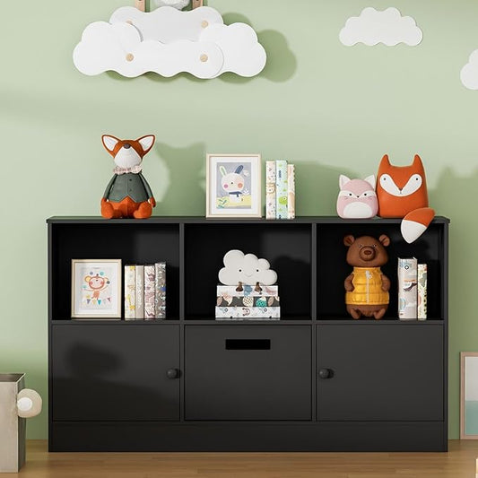 2-Tier Open Bookcase with 2 Doors, 6-Cube Wooden Bookshelf with Fabric Drawer, Floor Standing Display Cabinet Organizer, Kids Open Shelf Low Bookcase for Living Room, Bedroom, Office, Black
