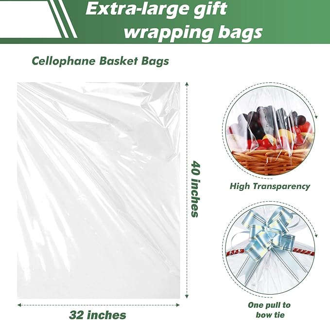 50 Packs 32 x 40 Inches Extra-large Cellophane Bags for Basket Jumbo Clear Cellophane Wraps Clear Huge Cello Bags for Baskets, Gifts, Christmas Trees, Treats, Arts and Crafts, 50ct Ribbon Bows