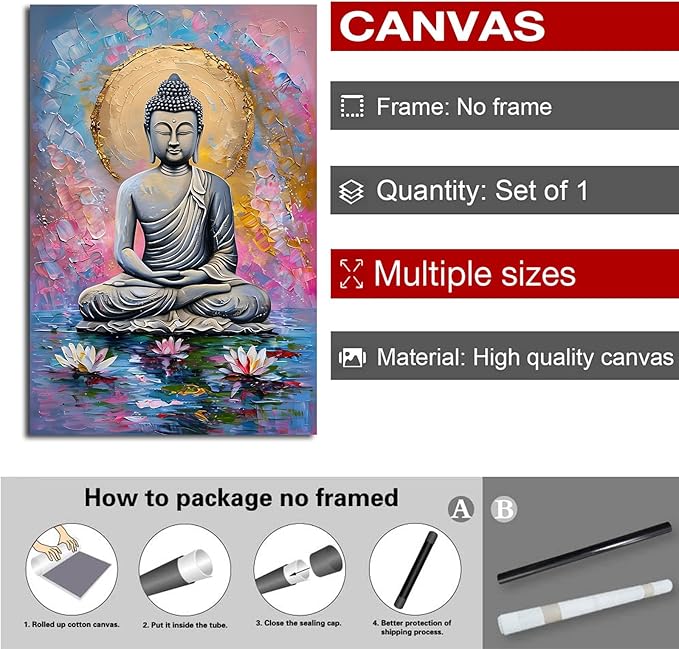 Lotus and golden Buddha meditation tranquil zen wall art mindfulness wall art for spiritual harmony and tranquility decor 24x36in Frameless