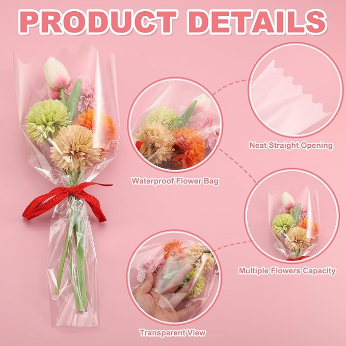 YELARXI Clear Flower Wrapping Bags, Transparent Flower Packaging Bag Waterproof Durable Bouquet Sleeves - Fitting for (Florists/Floral Arrangements Supplies), 16.9x3.9x19.7 Inch & 100Pcs