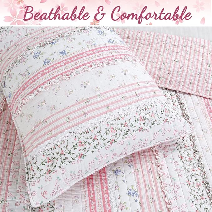 Cozy Line Home Fashions Shabby Chic Pink Flower Lace Ruffle Stripe 100% Cotton Reversible Quilt Bedding Set, Coverlet, Bedspread (Pink, Twin -3 Piece: 1 Quilt + 1 Sham + 1 Décor Pillow)