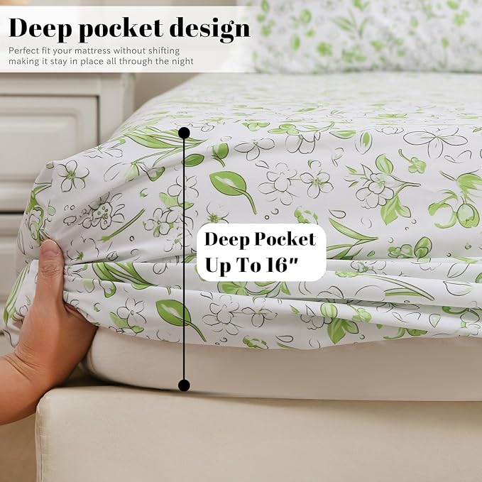 Bedlifes King Size Extra Deep Pocket Sheet Sets - Fits Mattresses Up to 18-24" Thick, 4-Piece Microfiber Set with 1800 Thread Count, Soft, Smooth, Breathable, Featuring Cute Printed Green Floral
