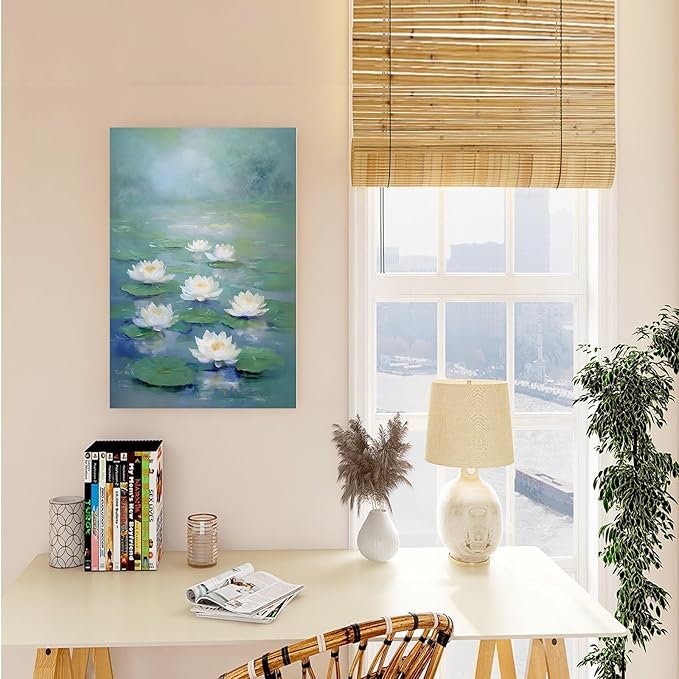 Zen wall art Delicate white lotus flower floating on calm water Vintage oil painting print Serene aquatic wall art creates a tranquil home decor 24x36in Wood Framed