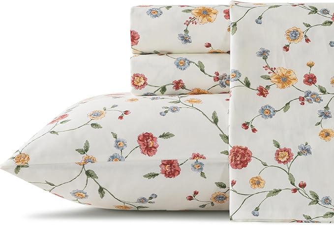 Zusbest King Size Sheets 100% Percale Cotton Off White Floral Bed Sheet Set, Brushed for Extra Softness, Breathable Luxury Flannel Sheets Like Pink Flower Print Deep Pocket Bed Set 17.5'' 4 Pcs