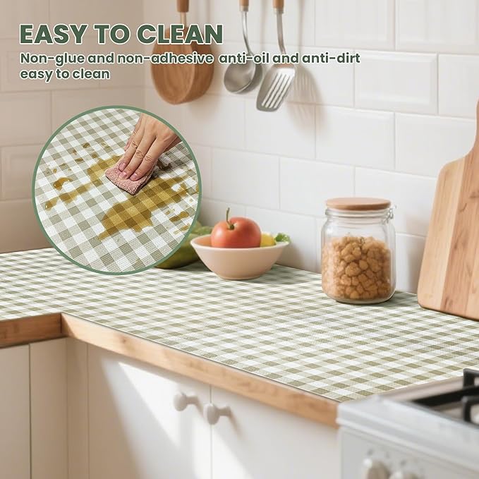 Drawer Liner and Shelf Liner for Kitchen Cabinet Liner Non-Adhesive Non-Slip Shelf Paper, Thick Strong Grip Waterproof Easy to Clean for Shelves, Cupboard, Desks, Green Plaid Pattern, 23.6 in x 20 FT