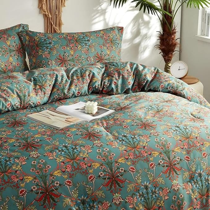 Vintage Floral Comforter Set King 3 Pieces Boho Bedding Comforter Chic Botanical Flower Comforter with 2 Pillowcases Fluffy Soft Famhouse Bedding Set Aesthetic Floral Boho King Size Comforter Set