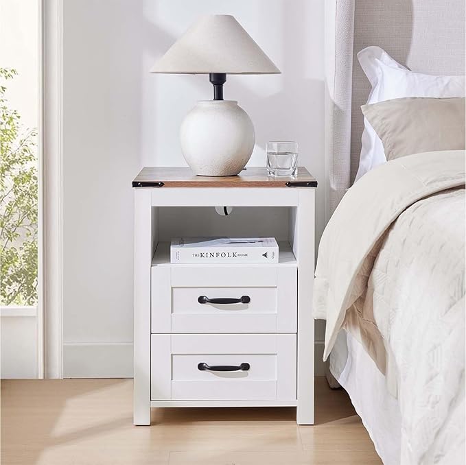 Farmhouse Night Stand Set of 2, Rustic White Nightstand for Bedroom, End Tables with Charging Station, Bedside Table with Drawers, Wood Bedside Cabinet Dresser