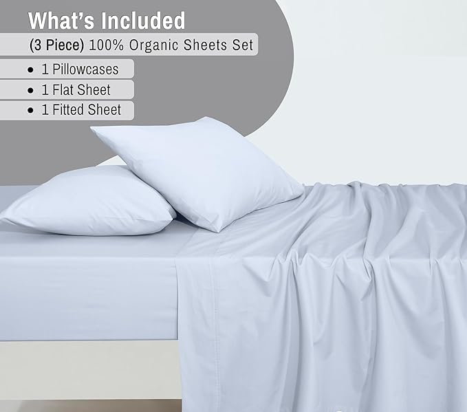 RUVANTI 100% Organic Cotton Sheets Twin Size, Percale Weave, GOTS Certified, 3-Piece Set, Deep Pocket 15", Crisp & Breathable, Soft Durable Bedding, Sábanas Algodón Orgánico – Arctic Ice