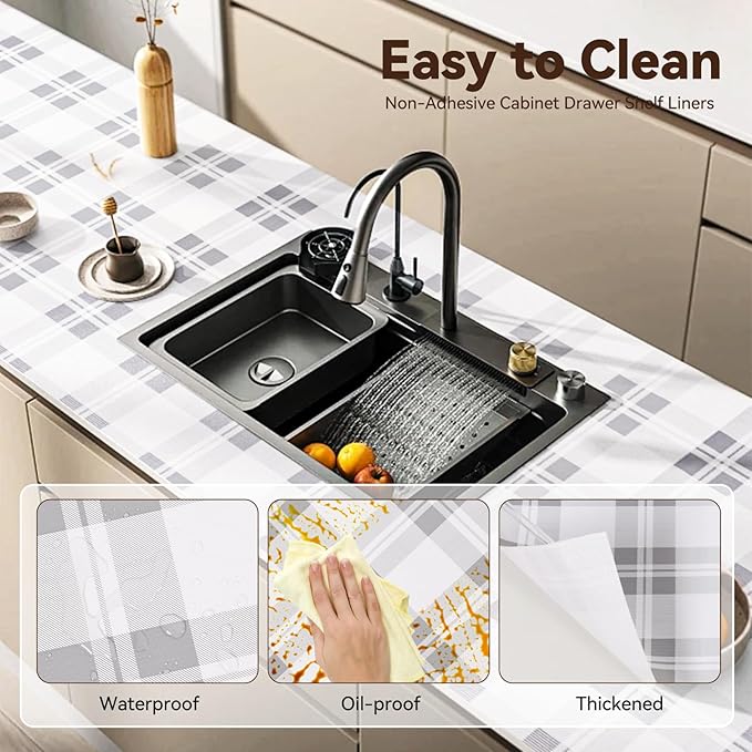 Drawer Shelf Liner for Kitchen Cabinets, Non Adhesive Slip Resistant Shelf Paper Easy to Clean, Strong Grip Thickened Waterproof Washable Mats for Pantry Shelves Cupboard Dresser(Grey, 24 in x 20 FT)