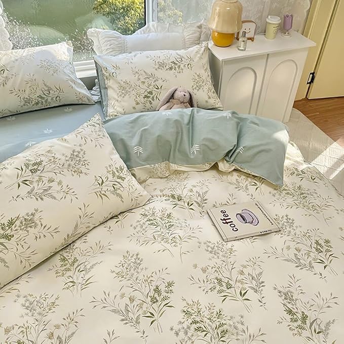 LifeTB Floral Botanical Comforter Set Full Size, Aesthetic Flower Leaves Pattern Cute Floral Bedding Comforter Set, 3 Pieces Lightweight Soft Fluffy Botanical Flowers Comforter with 2 Pillowcases