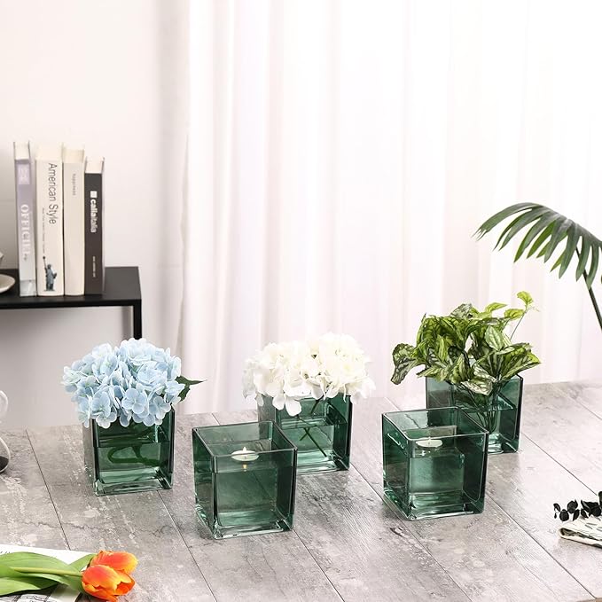 MARTAGE Square Green Glass Vases Set of 2, 6" x 6" x 6" Square Vase for Centerpieces, Flower Vases for CenterpieSquare Vaseces, Small Vase for Wedding, Party, Home Office Decoration