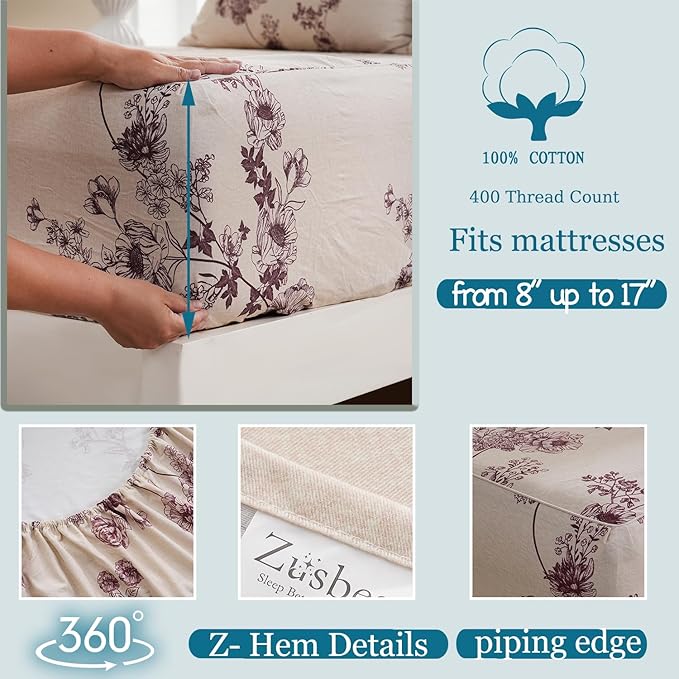 Zusbest King Size Sheets 100% Percale Cotton Red Floral Bed Sheet Set, Brushed Extra Softness, Breathable Luxury Toile Flannel Like Sheets Shabby Vintage Flower Print Deep Pocket Bed Set 17.5'' 4 Pcs