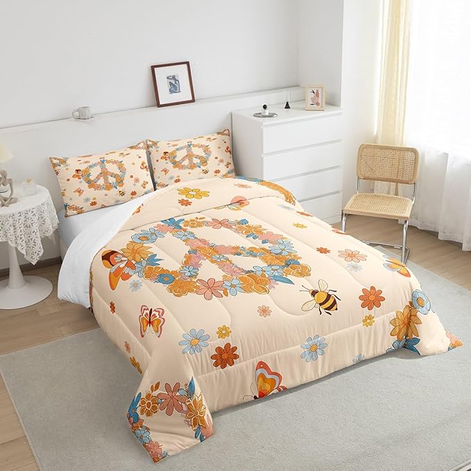 Retro 70s 60s Hippie Comforter Set Full Size,Groovy Flowers Butterfly Honeybee Bedding Comforters Room Decor,Floral Peace Symbol Quilt Set with 2 Pillowcases,Teens Present