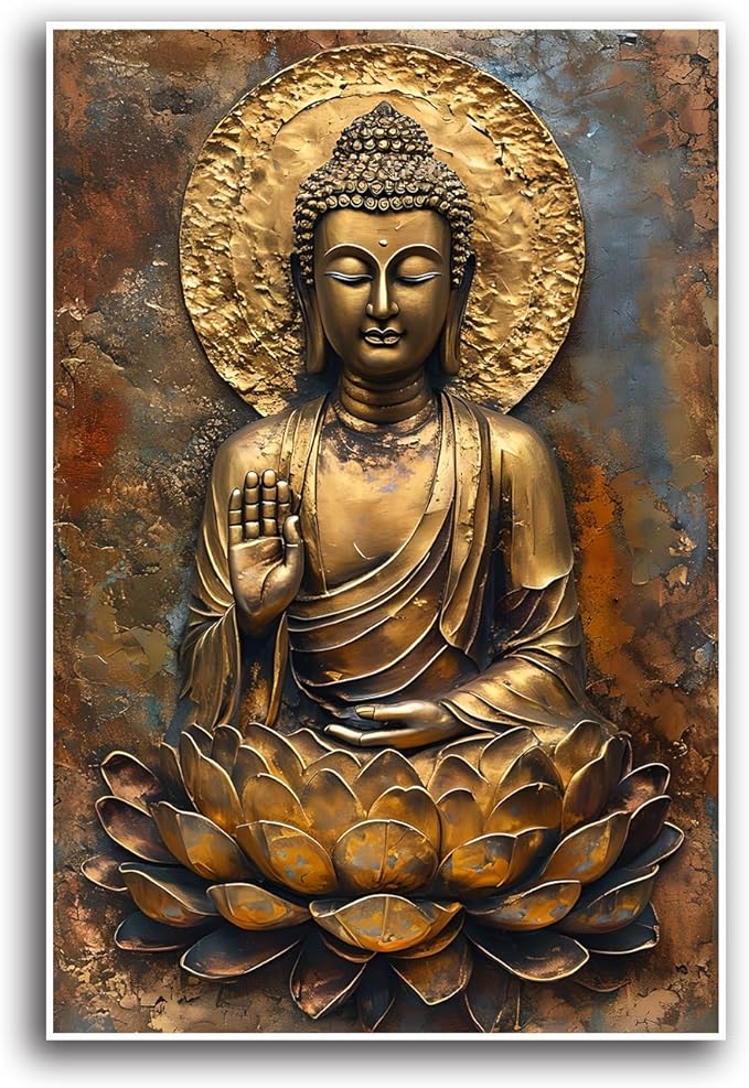 Buddha Wall Art Golden Buddha in Lotus Seat Serene spiritual statue radiant aura Meditation and mindfulness wall art suitable for sacred spaces 28x40in Frameless