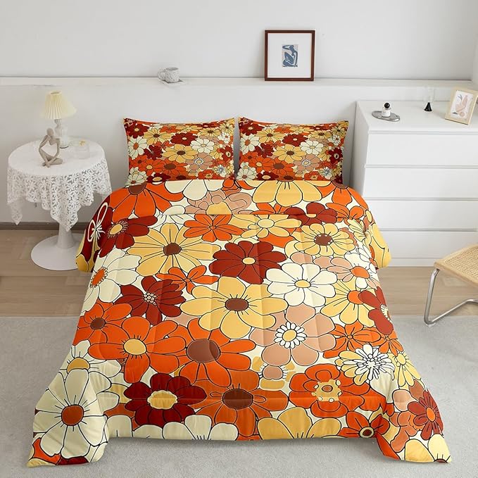 Castle Fairy Bohemian Flowers Bedding Comforters Queen Size,70s Vintage Floral Comforter Set with 2 Pillowcases,Hippie Retro Groovy Botanical 3pcs Children Adult Duvet Set,Soft