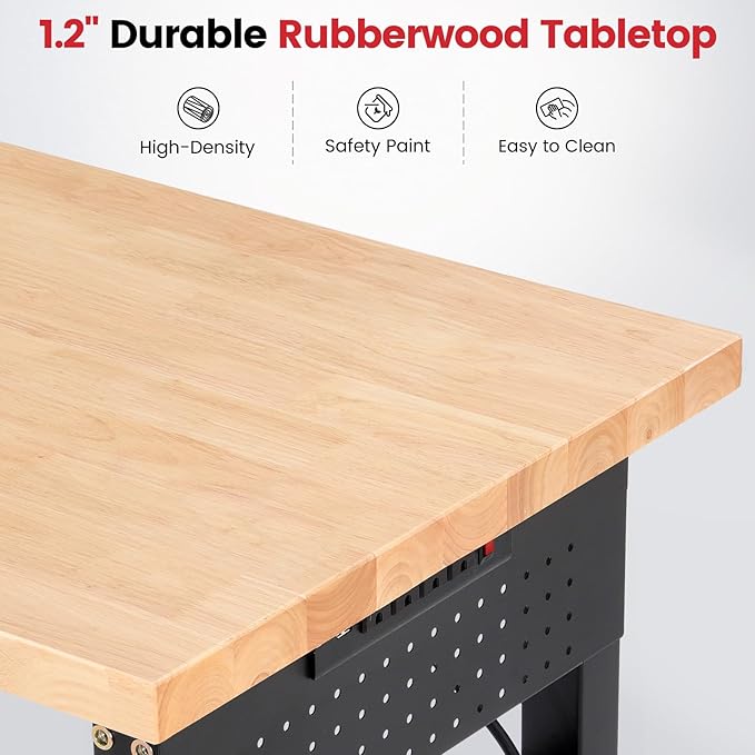 Workbench 96 x 24 Inch Adjustable Height Heavy Duty Work Table with Power Outlets & Extended Pegboard 5000 Lbs Load Capacity Rubber Wood Top Workstation for Garage, Workshop, Home, Office