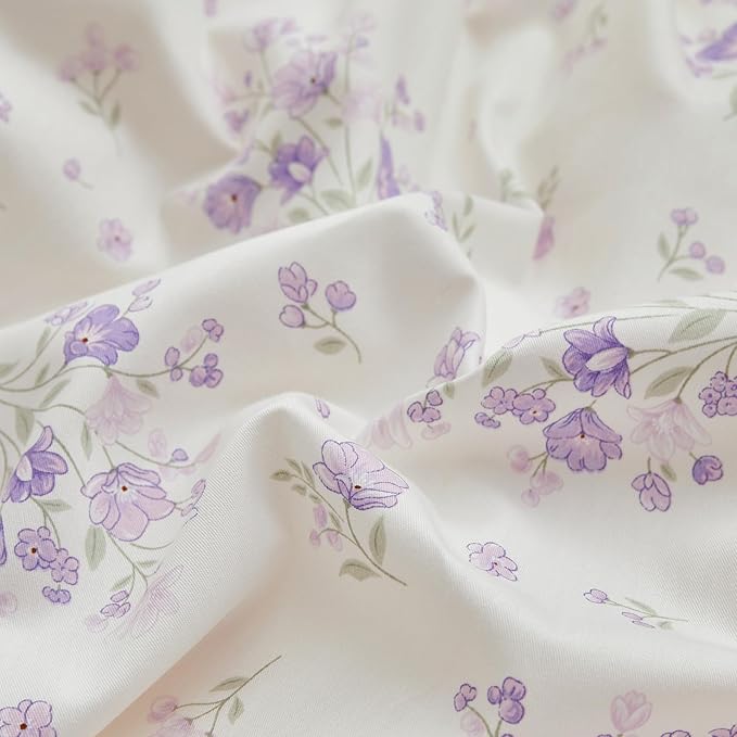 EAVD Cotton Duvet Cover King Size Floral Pattern Duvet Cover Set Chic Shabby Garden Purple Floral Bedding Set with 2 Pillowcases Vintage Style Botanical Comforter Cover with Zipper Closure