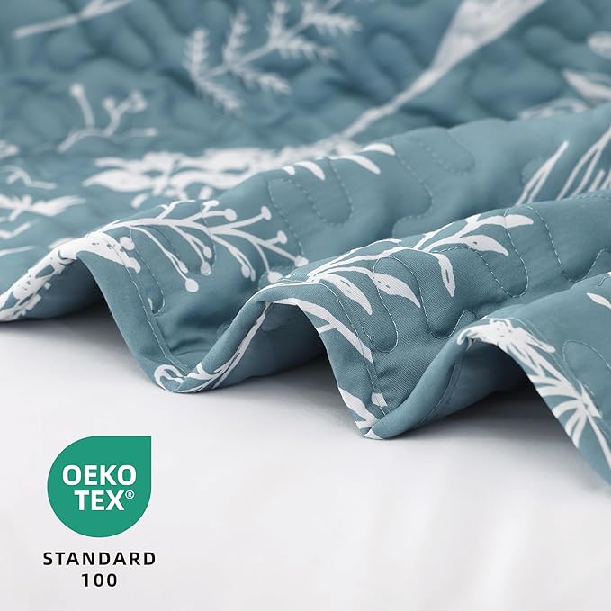 JANZAA Quilts Queen Size Bed Spread Botanical 3 Pieces Quilts Queen Size Sets with Floral Pattern Lightweight Microfiber Bedding Reversible 1 Quilt and 2 Pillow Cases-Mineral Blue